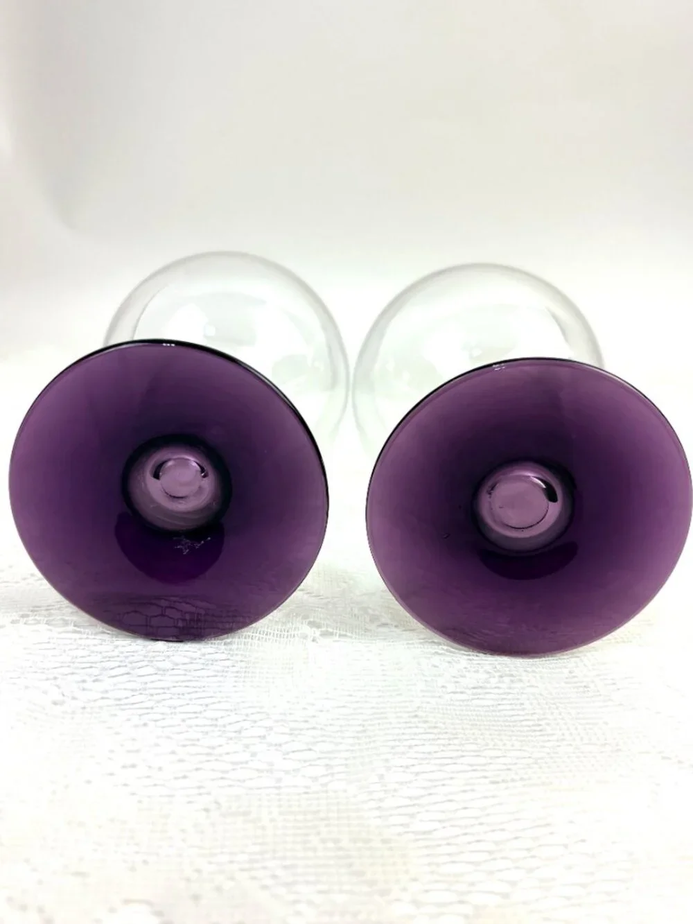 Vintage Clear Glass Hollow Stem Goblets Amethyst Purple Base - Set of 2